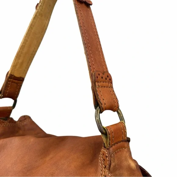 Lucky Brand Distressed Lamb Leather Hobo Bag Brown Boho Scallop Trim Fringe Vntg - Picture 10 of 16